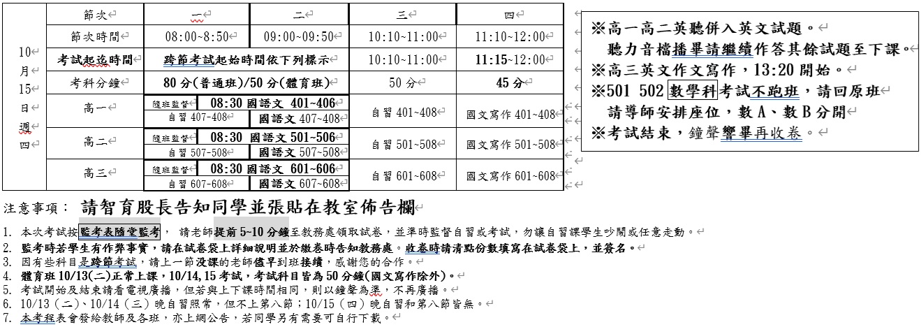 115-1-1高中部定期評量考程表(10/15)