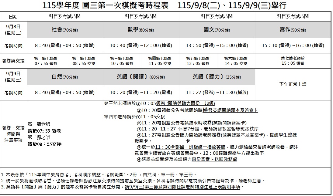 115學年國三第一次模考時程表