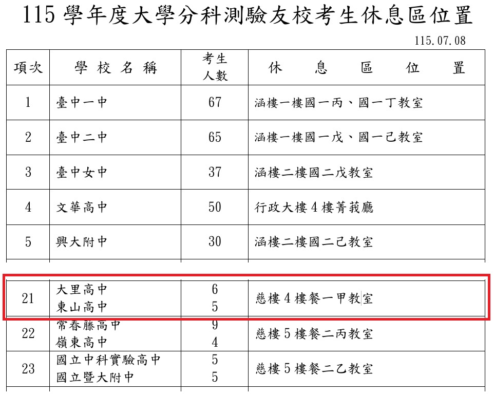 115大里高中考生休息區